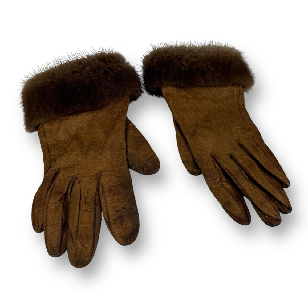 Vintage‎ Semoneta Gloves Brown Italian Leather Fur Accent Silk Lined Gloves Sz 7